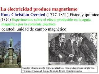 La electricidad produce magnetismo
Hans Christian Oersted (1777-1851) Físico y químico
(1820) Experimentos sobre el efecto producido en la aguja
 magnética por la corriente eléctrica
oersted: unidad de campo magnético




             Oersted observa que la corriente eléctrica, producida por una simple pila
             voltáica, provoca el giro de la aguja de una brújula próxima
 