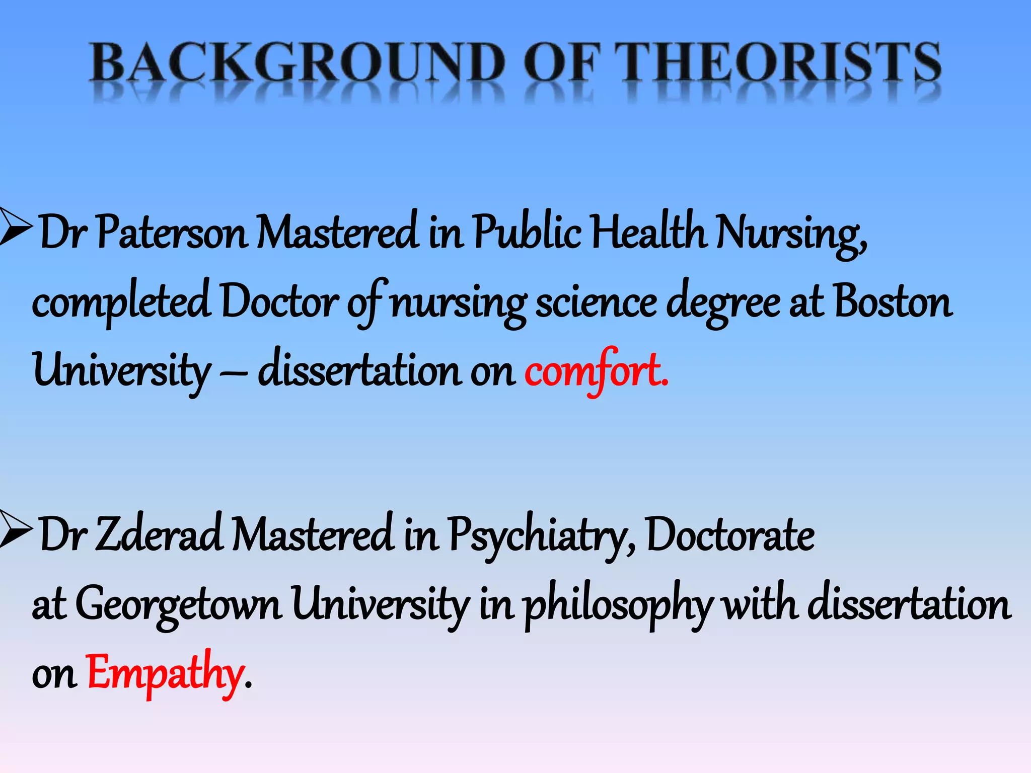 Dr Paterson Mastered in Public Health Nursing,
completed Doctor of nursing science degree at Boston
University – dissertation on comfort.
Dr Zderad Mastered in Psychiatry, Doctorate
at Georgetown University in philosophy with dissertation
on Empathy.
 