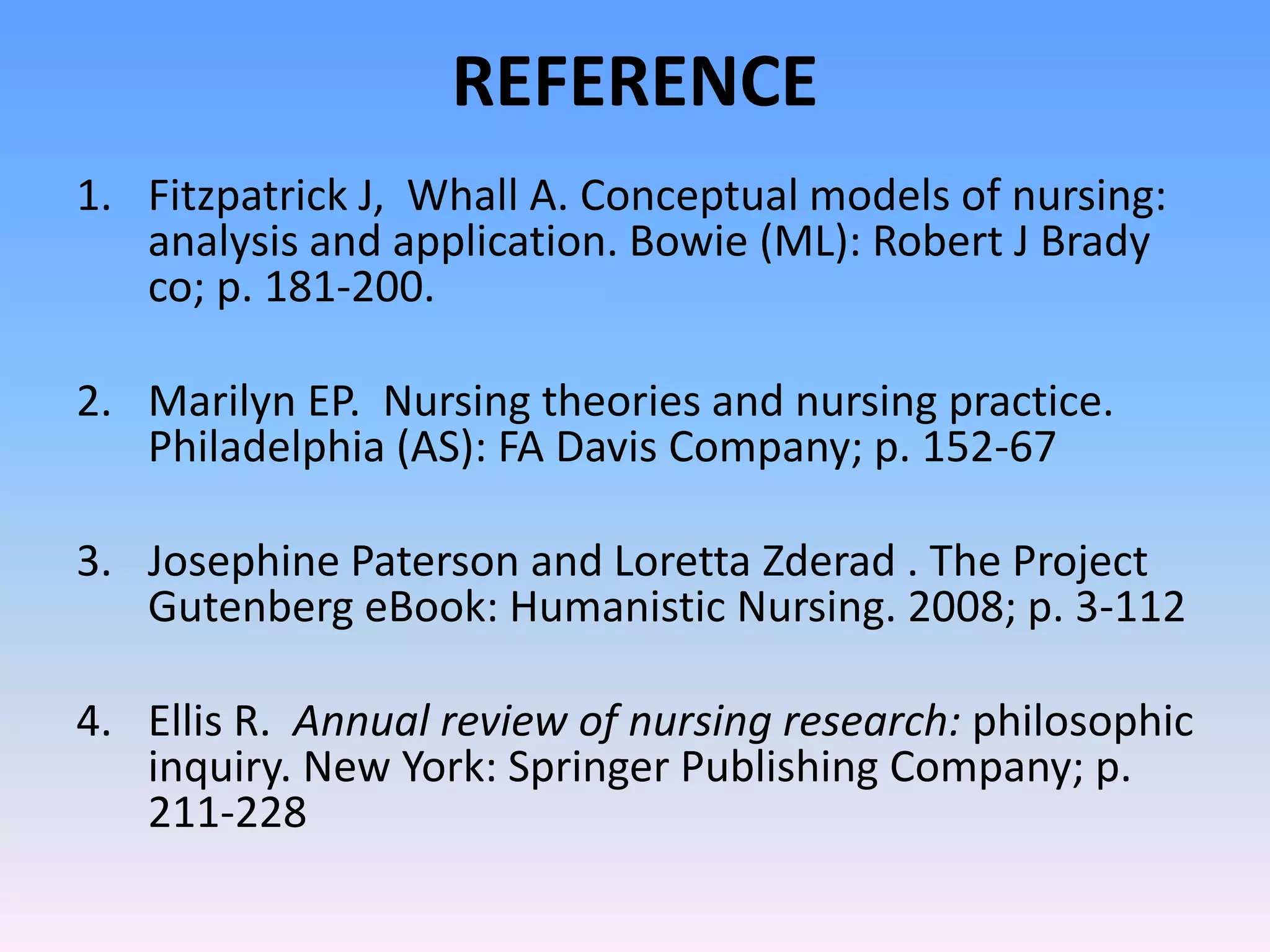 REFERENCE
1. Fitzpatrick J, Whall A. Conceptual models of nursing:
analysis and application. Bowie (ML): Robert J Brady
co; p. 181-200.
2. Marilyn EP. Nursing theories and nursing practice.
Philadelphia (AS): FA Davis Company; p. 152-67
3. Josephine Paterson and Loretta Zderad . The Project
Gutenberg eBook: Humanistic Nursing. 2008; p. 3-112
4. Ellis R. Annual review of nursing research: philosophic
inquiry. New York: Springer Publishing Company; p.
211-228
 