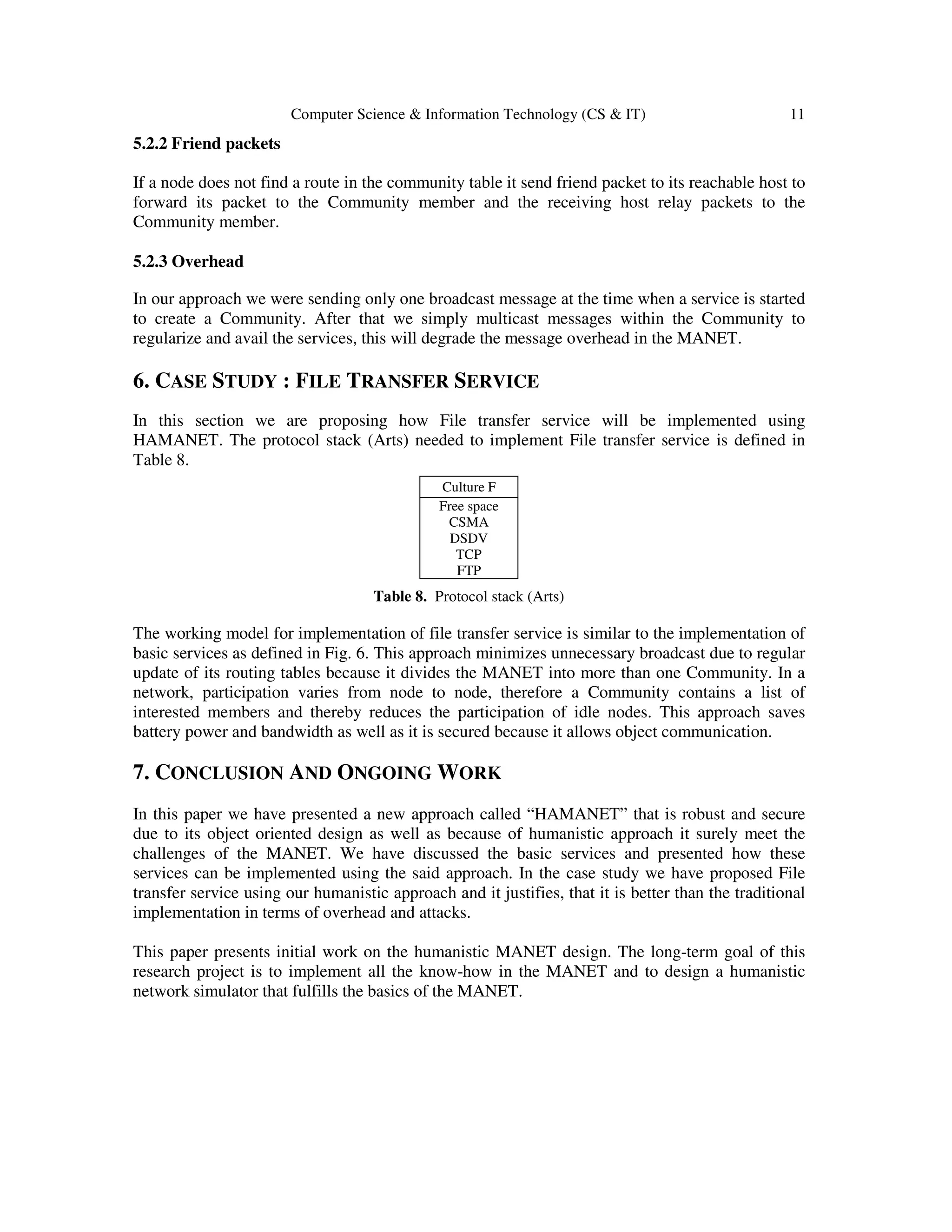 Computer Science & Information Technology (CS & IT) 11
5.2.2 Friend packets
If a node does not find a route in the community table it send friend packet to its reachable host to
forward its packet to the Community member and the receiving host relay packets to the
Community member.
5.2.3 Overhead
In our approach we were sending only one broadcast message at the time when a service is started
to create a Community. After that we simply multicast messages within the Community to
regularize and avail the services, this will degrade the message overhead in the MANET.
6. CASE STUDY : FILE TRANSFER SERVICE
In this section we are proposing how File transfer service will be implemented using
HAMANET. The protocol stack (Arts) needed to implement File transfer service is defined in
Table 8.
Table 8. Protocol stack (Arts)
The working model for implementation of file transfer service is similar to the implementation of
basic services as defined in Fig. 6. This approach minimizes unnecessary broadcast due to regular
update of its routing tables because it divides the MANET into more than one Community. In a
network, participation varies from node to node, therefore a Community contains a list of
interested members and thereby reduces the participation of idle nodes. This approach saves
battery power and bandwidth as well as it is secured because it allows object communication.
7. CONCLUSION AND ONGOING WORK
In this paper we have presented a new approach called “HAMANET” that is robust and secure
due to its object oriented design as well as because of humanistic approach it surely meet the
challenges of the MANET. We have discussed the basic services and presented how these
services can be implemented using the said approach. In the case study we have proposed File
transfer service using our humanistic approach and it justifies, that it is better than the traditional
implementation in terms of overhead and attacks.
This paper presents initial work on the humanistic MANET design. The long-term goal of this
research project is to implement all the know-how in the MANET and to design a humanistic
network simulator that fulfills the basics of the MANET.
Culture F
Free space
CSMA
DSDV
TCP
FTP
 