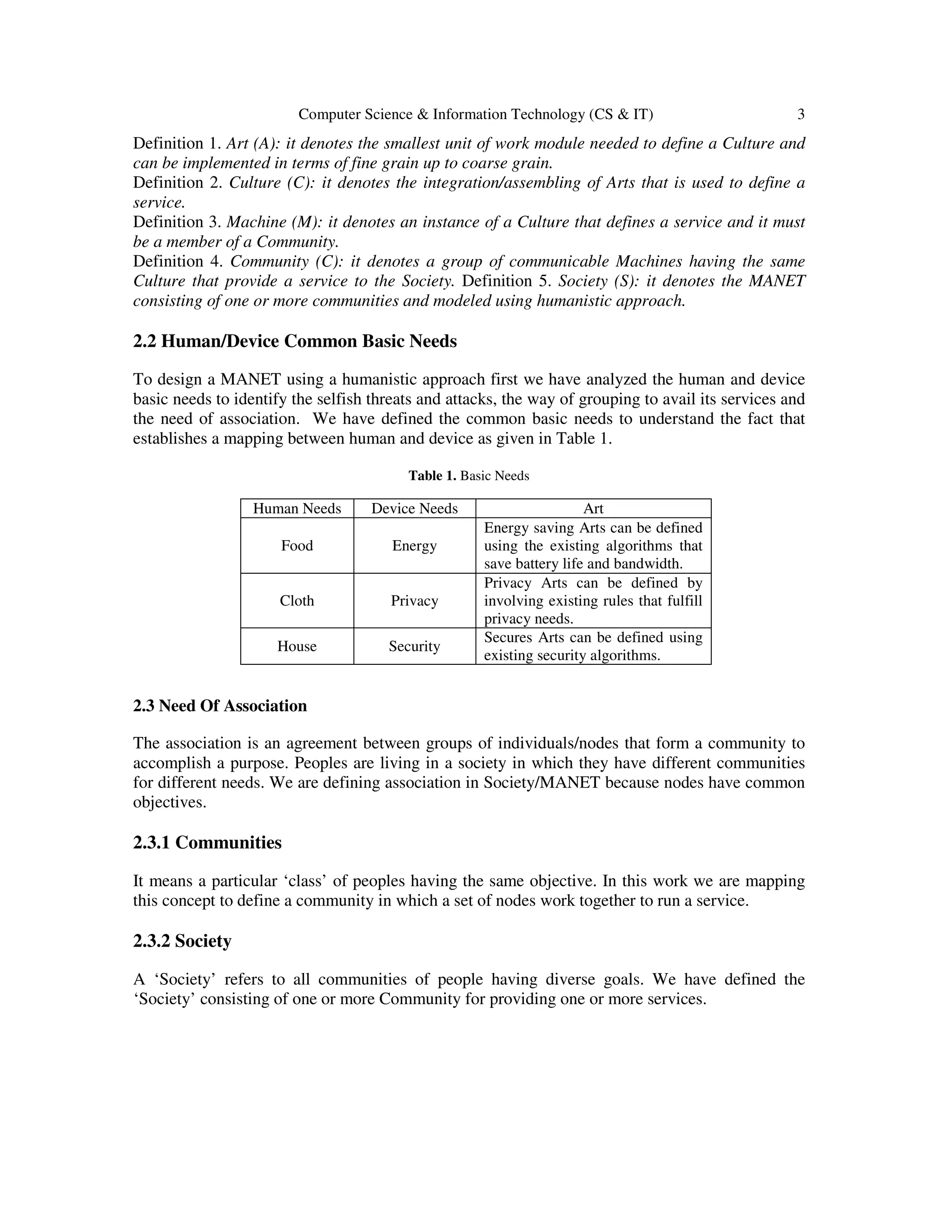 Computer Science & Information Technology (CS & IT) 3
Definition 1. Art (A): it denotes the smallest unit of work module needed to define a Culture and
can be implemented in terms of fine grain up to coarse grain.
Definition 2. Culture (C): it denotes the integration/assembling of Arts that is used to define a
service.
Definition 3. Machine (M): it denotes an instance of a Culture that defines a service and it must
be a member of a Community.
Definition 4. Community (C): it denotes a group of communicable Machines having the same
Culture that provide a service to the Society. Definition 5. Society (S): it denotes the MANET
consisting of one or more communities and modeled using humanistic approach.
2.2 Human/Device Common Basic Needs
To design a MANET using a humanistic approach first we have analyzed the human and device
basic needs to identify the selfish threats and attacks, the way of grouping to avail its services and
the need of association. We have defined the common basic needs to understand the fact that
establishes a mapping between human and device as given in Table 1.
Table 1. Basic Needs
2.3 Need Of Association
The association is an agreement between groups of individuals/nodes that form a community to
accomplish a purpose. Peoples are living in a society in which they have different communities
for different needs. We are defining association in Society/MANET because nodes have common
objectives.
2.3.1 Communities
It means a particular ‘class’ of peoples having the same objective. In this work we are mapping
this concept to define a community in which a set of nodes work together to run a service.
2.3.2 Society
A ‘Society’ refers to all communities of people having diverse goals. We have defined the
‘Society’ consisting of one or more Community for providing one or more services.
Human Needs Device Needs Art
Food Energy
Energy saving Arts can be defined
using the existing algorithms that
save battery life and bandwidth.
Cloth Privacy
Privacy Arts can be defined by
involving existing rules that fulfill
privacy needs.
House Security
Secures Arts can be defined using
existing security algorithms.
 