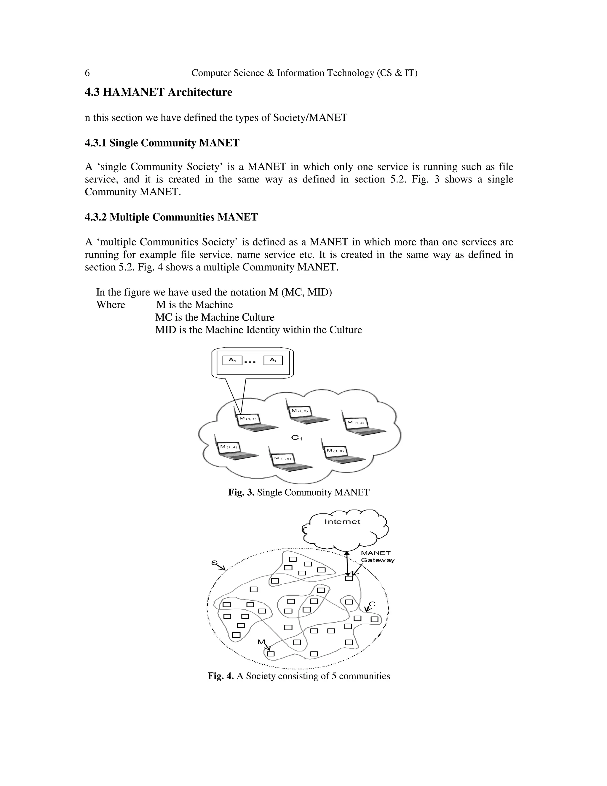 6 Computer Science & Information Technology (CS & IT)
4.3 HAMANET Architecture
n this section we have defined the types of Society/MANET
4.3.1 Single Community MANET
A ‘single Community Society’ is a MANET in which only one service is running such as file
service, and it is created in the same way as defined in section 5.2. Fig. 3 shows a single
Community MANET.
4.3.2 Multiple Communities MANET
A ‘multiple Communities Society’ is defined as a MANET in which more than one services are
running for example file service, name service etc. It is created in the same way as defined in
section 5.2. Fig. 4 shows a multiple Community MANET.
In the figure we have used the notation M (MC, MID)
Where M is the Machine
MC is the Machine Culture
MID is the Machine Identity within the Culture
Fig. 3. Single Community MANET
Fig. 4. A Society consisting of 5 communities
 