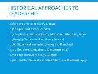 HISTORICAL APPROACHESTO
LEADERSHIP
 1890-1910 Great Man theory (Carlyle)
 1910-1948-Trait theory (Allport)
 1941-1980-Transactional theory (Weber and later, Bass, 1980)
 1967-1969-Decision Making theory (Vroom)
 1969-Situational leadership (Hersey and Blanchard)
 1975- Social exchange theory (Dansereau, et.al,)
 1950-1970- Behavioral theory (Stogdill)
 1978-Transformational leadership ( Burns and later Bass -1985)
 