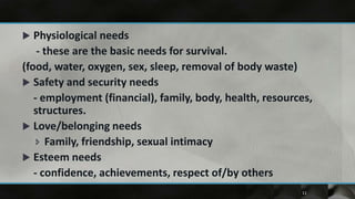   Physiological needs
    - these are the basic needs for survival.
(food, water, oxygen, sex, sleep, removal of body waste)
 Safety and security needs
   - employment (financial), family, body, health, resources,
   structures.
 Love/belonging needs
     Family, friendship, sexual intimacy
 Esteem needs
   - confidence, achievements, respect of/by others
                                                          11
 