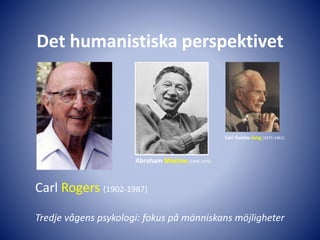 Det humanistiska perspektivet 
Abraham Maslow(1908-1970) 
Carl Rogers (1902-1987) 
Carl Gustav Jung (1875-1961) 
Tredje vågens psykologi: fokus på människans möjligheter 
 
