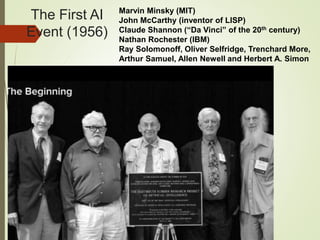 The First AI
Event (1956)
Marvin Minsky (MIT)
John McCarthy (inventor of LISP)
Claude Shannon (“Da Vinci” of the 20th century)
Nathan Rochester (IBM)
Ray Solomonoff, Oliver Selfridge, Trenchard More,
Arthur Samuel, Allen Newell and Herbert A. Simon
 