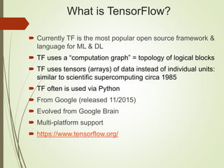 What is TensorFlow?
 Currently TF is the most popular open source framework &
language for ML & DL
 TF uses a “computation graph” = topology of logical blocks
 TF uses tensors (arrays) of data instead of individual units:
similar to scientific supercomputing circa 1985
 TF often is used via Python
 From Google (released 11/2015)
 Evolved from Google Brain
 Multi-platform support
 https://www.tensorflow.org/
 