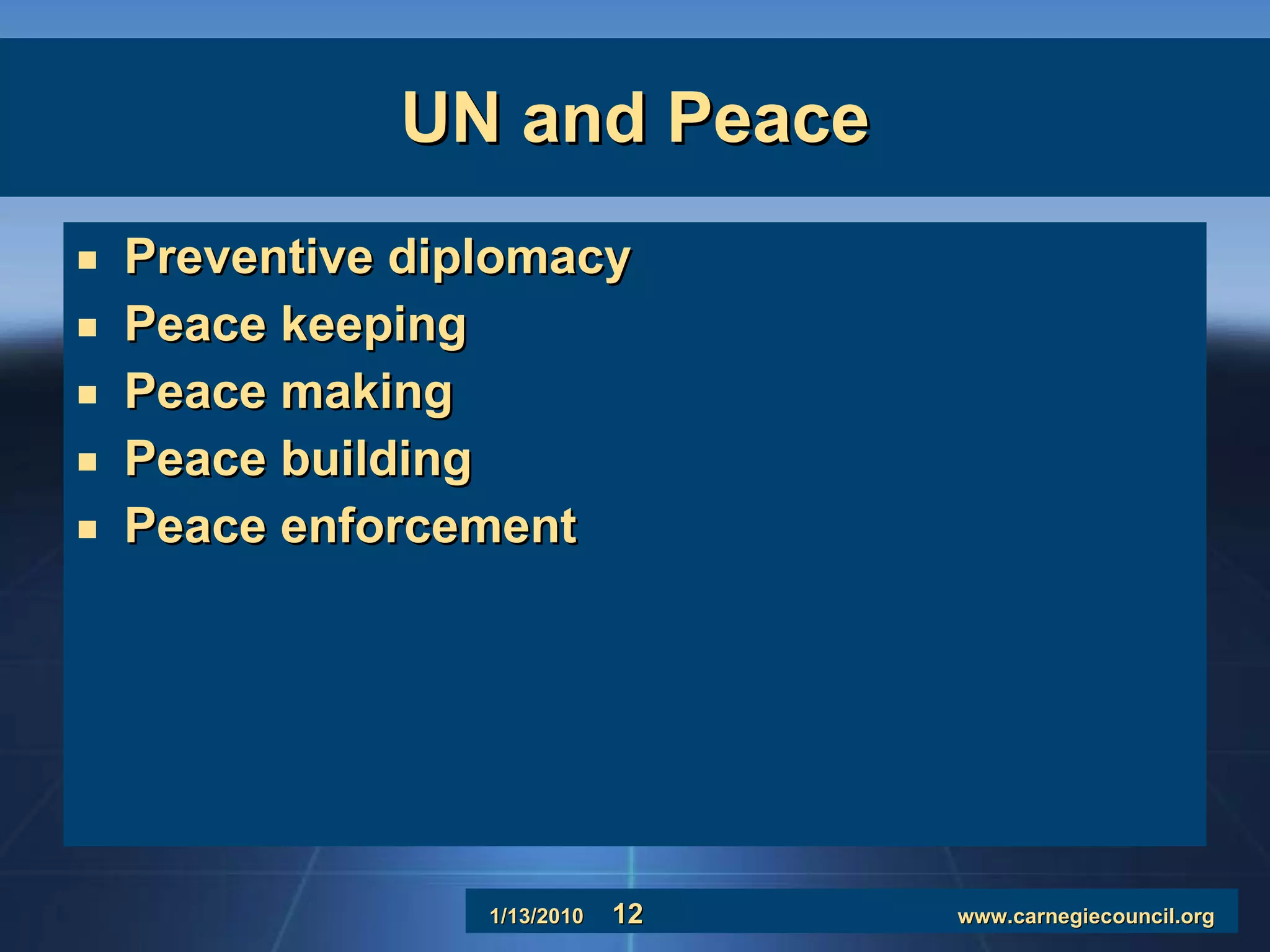 UN and Peace Preventive diplomacy Peace keeping Peace making Peace building Peace enforcement 