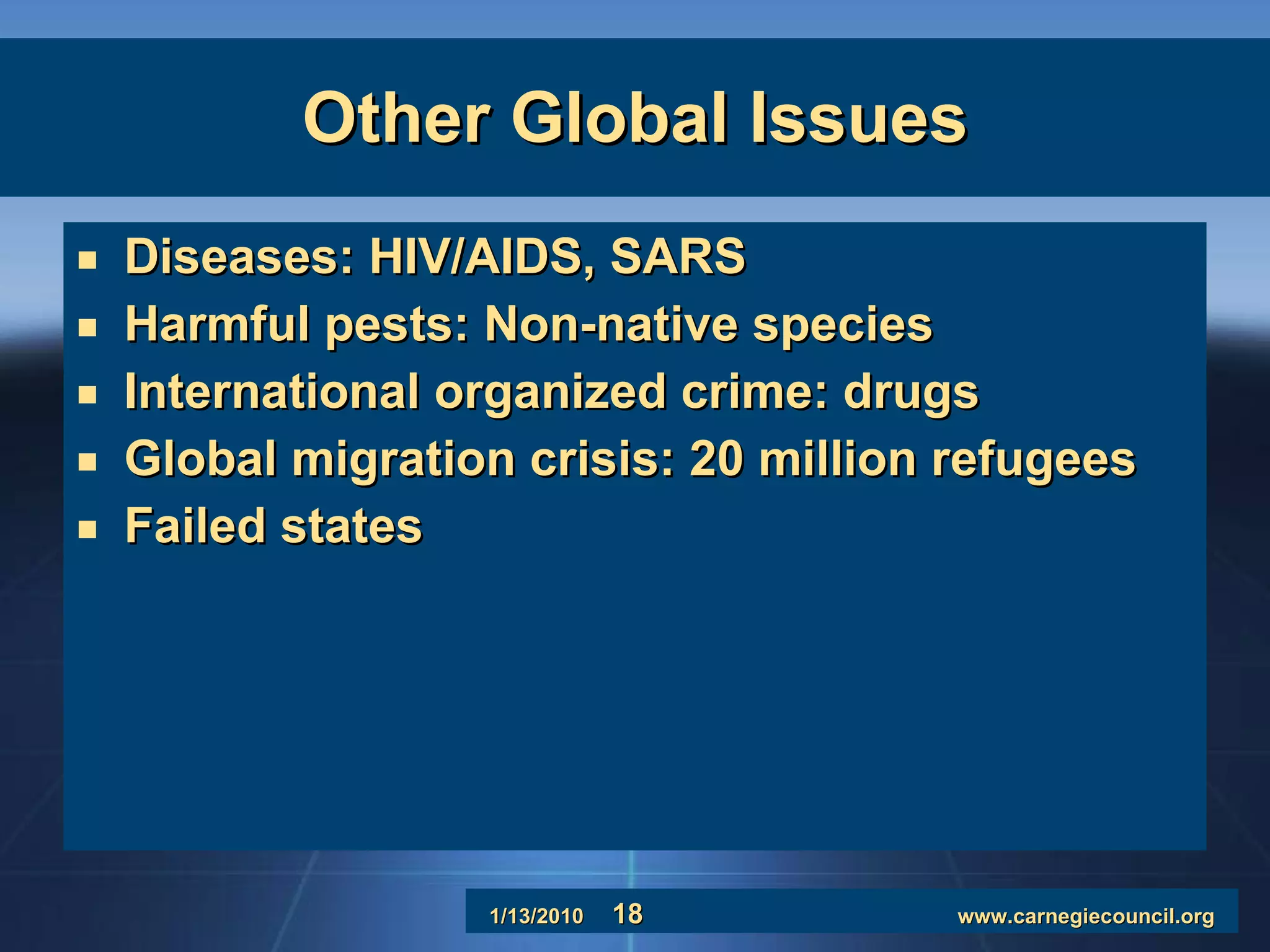Other Global Issues Diseases: HIV/AIDS, SARS Harmful pests: Non-native species International organized crime: drugs Global migration crisis: 20 million refugees Failed states 