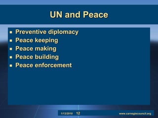UN and Peace Preventive diplomacy Peace keeping Peace making Peace building Peace enforcement 