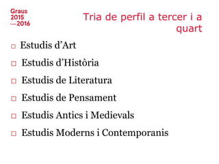 Tria de perfil a tercer i a
quart
□ Estudis d’Art
□ Estudis d’Història
□ Estudis de Literatura
□ Estudis de Pensament
□ Estudis Antics i Medievals
□ Estudis Moderns i Contemporanis
 