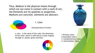 Thus, Medium is the physical means through
which we can come in contact with a work of art;
the Elements are its qualities or properties.
Mediums are concrete, elements are abstract.
1. Color
Characteristics of Colors
a. Hue – is the name of the color, the dimension
of the color, which is referred to a scale ranging
through re, yellow, green and blue.
1.Primary colors
2.Secondary colors
3. Complementary colors
4. Intermediate colors
 