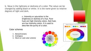 b. Value is the lightness or darkness of a color. The value can be
changed by adding black or white. It is the name given to relative
degrees of light and dark.
c. Intensity or saturation is the
brightness or dullness of a hue. Pure
hues are high intensity colors. Dull hues
are low intensity colors. It is used to
describe the purity of a color.
Color schemes
1. Monochromatic
2. Analogous
3. Warm or cool color scheme
 