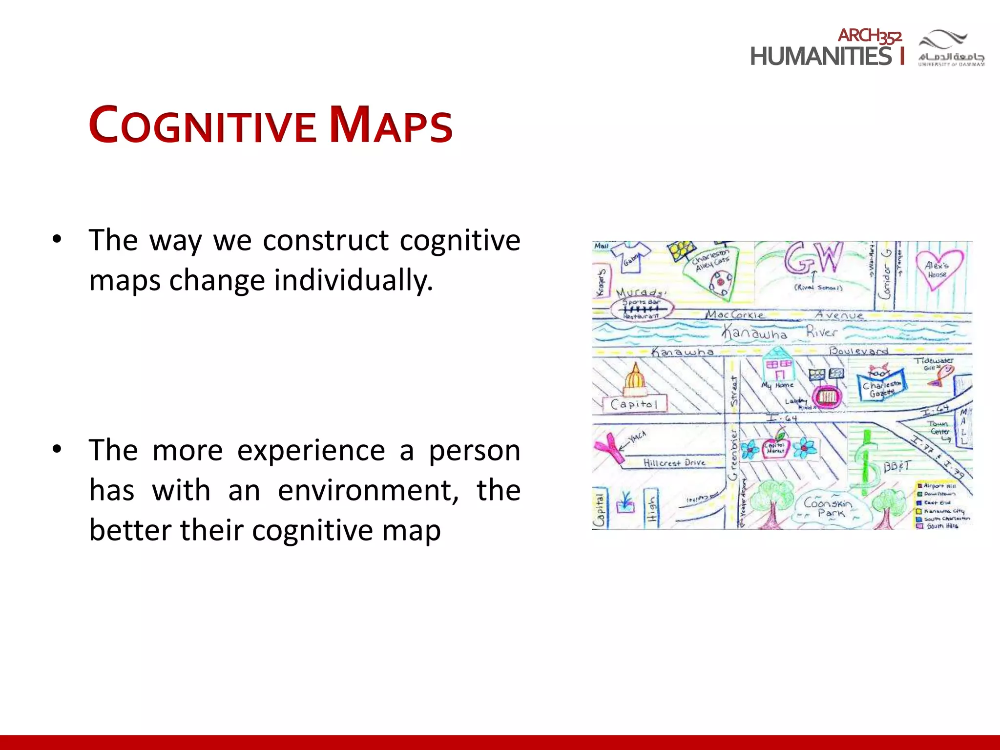ARCH352
COGNITIVE MAPS
• The way we construct cognitive
maps change individually.
• The more experience a person
has with an environment, the
better their cognitive map
 