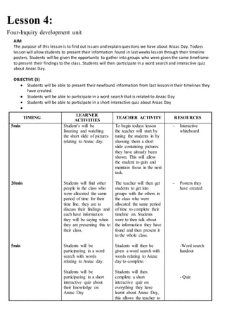 Lesson 4:
Four-Inquiry development unit
AIM
The purpose of this lesson is to find out issues and explain questions we have about Anzac Day. Todays
lesson will allow students to present their information found in last weeks lesson through their timeline
posters. Students will be given the opportunity to gather into groups who were given the same timeframe
to present their findings to the class. Students will then participate in a word search and interactive quiz
about Anzac Day.
OBJECTIVE (S)
 Students will be able to present their newfound information from last lesson in their timelines they
have created.
 Students will be able to participate in a word search that is related to Anzac Day
 Students will be able to participate in a short interactive quiz about Anzac Day

TIMING
LEARNER
ACTIVITIES
TEACHER ACTIVITY RESOURCES
5min
20min
5min
Student’s will be
listening and watching
the short slide of pictures
relating to Anzac day.
Students will find other
people in the class who
were allocated the same
period of time for their
time line, they are to
discuss their findings and
each have information
they will be saying when
they are presenting this to
their class.
Students will be
participating in a word
search with words
relating to Anzac day.
Students will be
participating in a short
interactive quiz about
their knowledge on
Anzac Day
To begin todays lesson
the teacher will start by
tuning the students in by
showing them a short
slide containing pictures
they have already been
shown. This will allow
the student to gain and
maintain focus in the next
task.
The teacher will then get
students to get into
groups with the others in
the class who were
allocated the same period
of time to complete their
timeline on. Students
were to then talk about
the information they have
found and then present it
to the whole class.
Students will then be
given a word search with
words relating to Anzac
day to complete.
Students will then
complete a short
interactive quiz on
everything they have
learnt about Anzac Day,
this allows the teacher to
- Interactive
whiteboard
- Posters they
have created
-Word search
handout
- Quiz
 