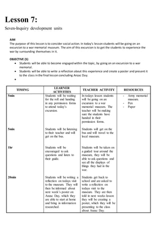 Lesson 7:
Seven-Inquiry development units
AIM
The purpose of this lesson is to consider social action. In today’s lesson students will be going on an
excursion to a war memorial museum. The aim of this excursion is to get the students to experience the
war by surrounding themselves in it.
OBJECTIVE (S)
 Students will be able to become engaged within the topic, by going on an excursion to a war
memorial.
 Students will be able to write a reflection about this experience and create a poster and present it
to the class in the final lesson concluding Anzac Day.

TIMING
LEARNER
ACTIVITIES
TEACHER ACTIVITY RESOURCES
5min
5min
1hr
20min
Students will be waiting
for the roll and handing
in any permission forms
to attend today’s
excursion.
Students will be listening
to their teacher and will
get on the bus.
Students will be
encouraged to ask
questions and listen to
their guide.
Students will be writing a
reflection on todays visit
to the museum. They will
then be informed about
next week’s poster on
Anzac Day, which they
are able to start at home
and bring in information
researched.
In todays lesson students
will be going on an
excursion to a war
memorial museum. The
teacher will be making
sure the students have
handed in their
permission forms.
Students will get on the
bus and will travel to the
local museum.
Students will be taken on
a guided tour around the
museum, they will be
able to ask questions and
see all the displays of
things they had in the
war.
Students get back to
school and are asked to
write a reflection on
todays visit to the
museum. They are then
told in next weeks lesson
they will be creating a
poster, which they will be
presenting to the class
about Anzac Day.
- Army memorial
museum.
- Pen
- Paper
 