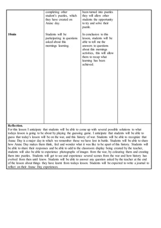 10min
completing other
student’s puzzles, which
they have created on
Anzac day.
Students will be
participating in questions
asked about this
mornings learning.
been turned into puzzles
they will allow other
students the opportunity
to try and solve their
puzzle.
In conclusion to this
lesson, students will be
able to tell me the
answers to questions
about this mornings
activities, this will allow
them to recap what
learning has been
achieved.
Reflection.
For this lesson I anticipate that students will be able to come up with several possible solutions to what
todays lesson is going to be about by playing the guessing game. I anticipate that students will be able to
guess that today’s lesson will be on the war, and this history of war. Students will be able to recognize that
Anzac Day is a major day in which we remember those we have lost in battle. Students will be able to share
how Anzac Day makes them think, feel and wonder what it was like to be apart of this history. Students will
be able to share their responses and be able to add to the classroom display being created by the teacher,
students will also be able to experience photographs of images from the war, by colouring them and creating
them into puzzles. Students will get to see and experience several scenes from the war and how history has
evolved from then until know. Students will be able to answer any question asked by the teacher at the end
of the lesson about things they have learnt from todays lesson. Students will be expected to write a journal to
reflect on their Anzac Day experiences.
 