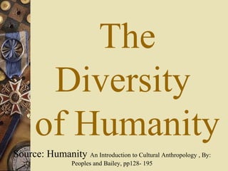 The
Diversity
of Humanity
Source: Humanity An Introduction to Cultural Anthropology , By:
Peoples and Bailey, pp128- 195
 