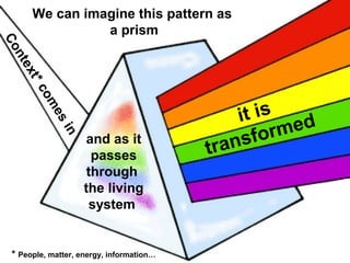 We can imagine this pattern as
a prism
Context*comesin
and as it
passes
through
the living
system
it is
transformed
* People, matter, energy, information…
 