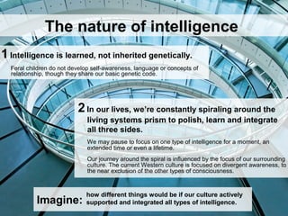 1Consciousness is learned, not inherited genetically.
Feral children do not develop self-awareness, language or concepts of
relationship, though they share our basic genetic code.
The nature of consciousness
2In our lives, we’re constantly spiraling around the
living systems prism to polish, learn and integrate
all three sides.
We may pause to focus on one type of consciousness for a moment, an
extended time or even a lifetime.
Our journey around the spiral is influenced by the focus of our surrounding
culture. The current Western culture is focused on divergent awareness, to
the near exclusion of the other types of consciousness or intelligence.
Imagine:
how different things would be if our culture actively
supported and integrated all types of consciousness.
 