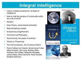  Values multiple perspectives, all types of
intelligence
 Able to hold the paradox of individuality within
the unity of all life
 Wisdom
 Gaia Theory, nature-based spirituality
 Multi-disciplinary studies
 Evolutionary enlightenment
 The Perennial Philosophy
 Synchronicity, the power of intention
 Theory U, Presencing
 The US Constitution, the Founding Fathers
 Pierre Teilhard de Chardin, Buckminster Fuller,
Albert Einstein, Karl Jung, Barbara Marx
Hubbard, Ken Wilber, Margaret Wheatley,
Joanna Macy, Brian Swimme, Peter Russell,
Elisabet Sahtouris Ken Wilber
Buckminster Fuller
Integrative consciousness
 