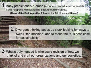 1 Many predict crisis & crash (economic, social, environmental).
If this happens, we risk falling back to earlier stages.
(Think of the Dark Ages that followed the fall of ancient Rome.)
2 Divergent thinking keeps us stuck looking for ways to
tweak “the machine” and to make the “business case
for sustainability.”
3 What’s truly needed is wholesale revision of how we
think of and craft our organizations and our societies.
 