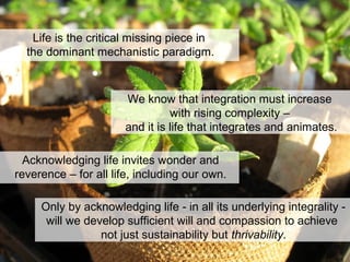 Life is the critical missing piece in
the dominant mechanistic paradigm.
We know that integration must increase
with rising complexity –
and it is life that integrates and animates.
Acknowledging life invites wonder and
reverence – for all life, including our own.
Only by acknowledging life - in all its underlying integrality -
will we develop sufficient will and compassion to achieve
not just sustainability but thrivability.
 