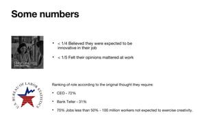 • < 1/4 Believed they were expected to be
innovative in their job
• < 1/5 Felt their opinions mattered at work
Some numbers
Ranking of role according to the original thought they require:
• CEO - 72%
• Bank Teller - 31%
• 70% Jobs less than 50% - 100 million workers not expected to exercise creativity.
 