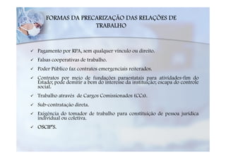 FORMAS DA PRECARIZAÇÃO DAS RELAÇÕES DE
                 TRABALHO


Pagamento por RPA, sem qualquer vínculo ou direito.
Falsas cooperativas de trabalho.
Poder Público faz contratos emergenciais reiterados.
Contratos por meio de fundações paraestatais para atividades-fim do
Estado; pode demitir a bem do interesse da instituição; escapa do controle
social.
Trabalho através de Cargos Comissionados (CCs).
Sub-contratação direta.
Exigência do tomador de trabalho para constituição de pessoa jurídica
individual ou coletiva.
OSCIP’S.
 