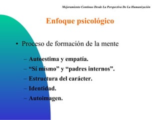 Enfoque psicológico Proceso de formación de la mente Autoestima y empatía . “ Sí mismo” y “padres internos” . Estructura del carácter . Identidad . Autoimagen. Mejoramiento Continuo Desde La Perspectiva De La Humanización 