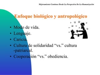 Enfoque biológico y   antropológico Modo de vida . Lenguaje . Caricia . Cultura de solidaridad “vs.” cultura  - patriarcal . Cooperación “vs.” obediencia . Mejoramiento Continuo Desde La Perspectiva De La Humanización 