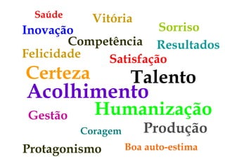 Acolhimento Humanização Talento Certeza Competência Satisfação Felicidade Resultados Inovação Gestão Produção Coragem Protagonismo Boa auto-estima Vitória Sorriso Saúde 