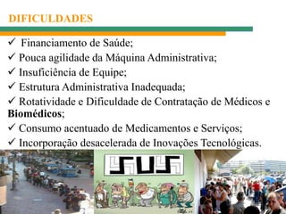  Financiamento de Saúde;
 Pouca agilidade da Máquina Administrativa;
 Insuficiência de Equipe;
 Estrutura Administrativa Inadequada;
 Rotatividade e Dificuldade de Contratação de Médicos e
Biomédicos;
 Consumo acentuado de Medicamentos e Serviços;
 Incorporação desacelerada de Inovações Tecnológicas.
DIFICULDADES
 