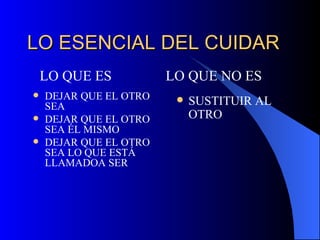 LO ESENCIAL DEL CUIDAR DEJAR QUE EL OTRO SEA DEJAR QUE EL OTRO SEA ÉL MISMO DEJAR QUE EL OTRO SEA LO QUE ESTÁ LLAMADOA SER LO QUE ES SUSTITUIR AL OTRO LO QUE NO ES 
