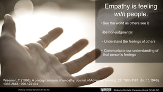 Don’t be a robot.
PRESENCE
Photo by Christian Bernal CC-BY-NC-ND Slides by Michelle Pacansky-Brock CC-BY-NC
Empathy is feeling
with people.
•See the world as others see it
•Be non-judgmental
• Understand the feelings of others
• Communicate our understanding of
that person’s feelings
Wiseman, T. (1996), A concept analysis of empathy. Journal of Advanced Nursing, 23: 1162–1167. doi: 10.1046/j.
1365-2648.1996.12213.x
 