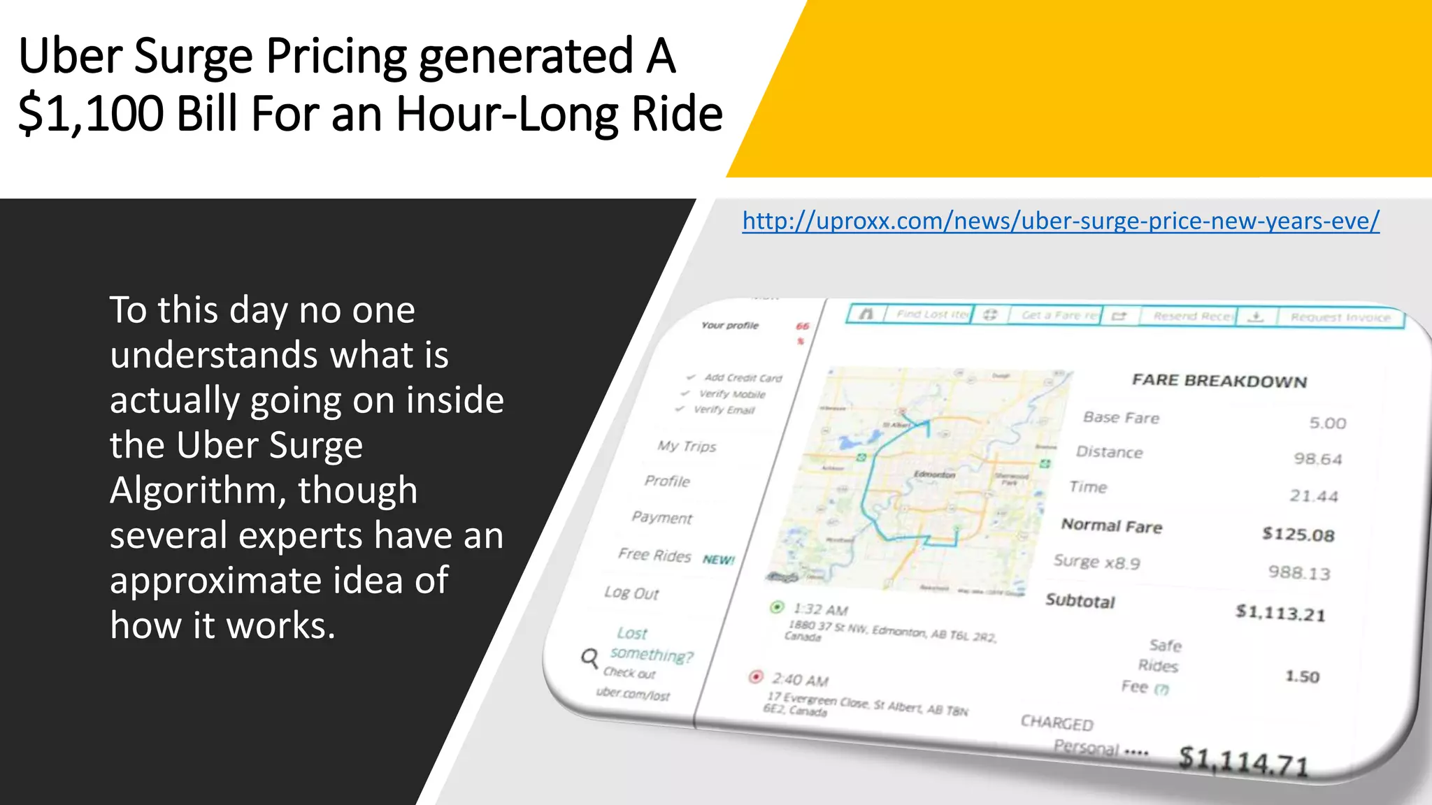 Uber Surge Pricing generated A
$1,100 Bill For an Hour-Long Ride
http://uproxx.com/news/uber-surge-price-new-years-eve/
To this day no one
understands what is
actually going on inside
the Uber Surge
Algorithm, though
several experts have an
approximate idea of
how it works.
 