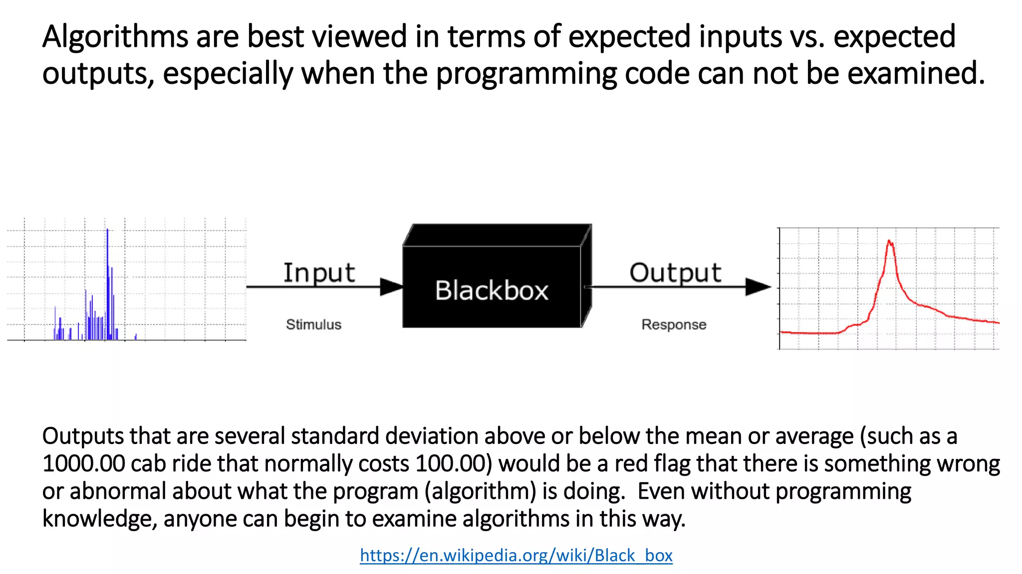 Algorithms are best viewed in terms of expected inputs vs. expected
outputs, especially when the programming code can not be examined.
Outputs that are several standard deviation above or below the mean or average (such as a
1000.00 cab ride that normally costs 100.00) would be a red flag that there is something wrong
or abnormal about what the program (algorithm) is doing. Even without programming
knowledge, anyone can begin to examine algorithms in this way.
https://en.wikipedia.org/wiki/Black_box
 