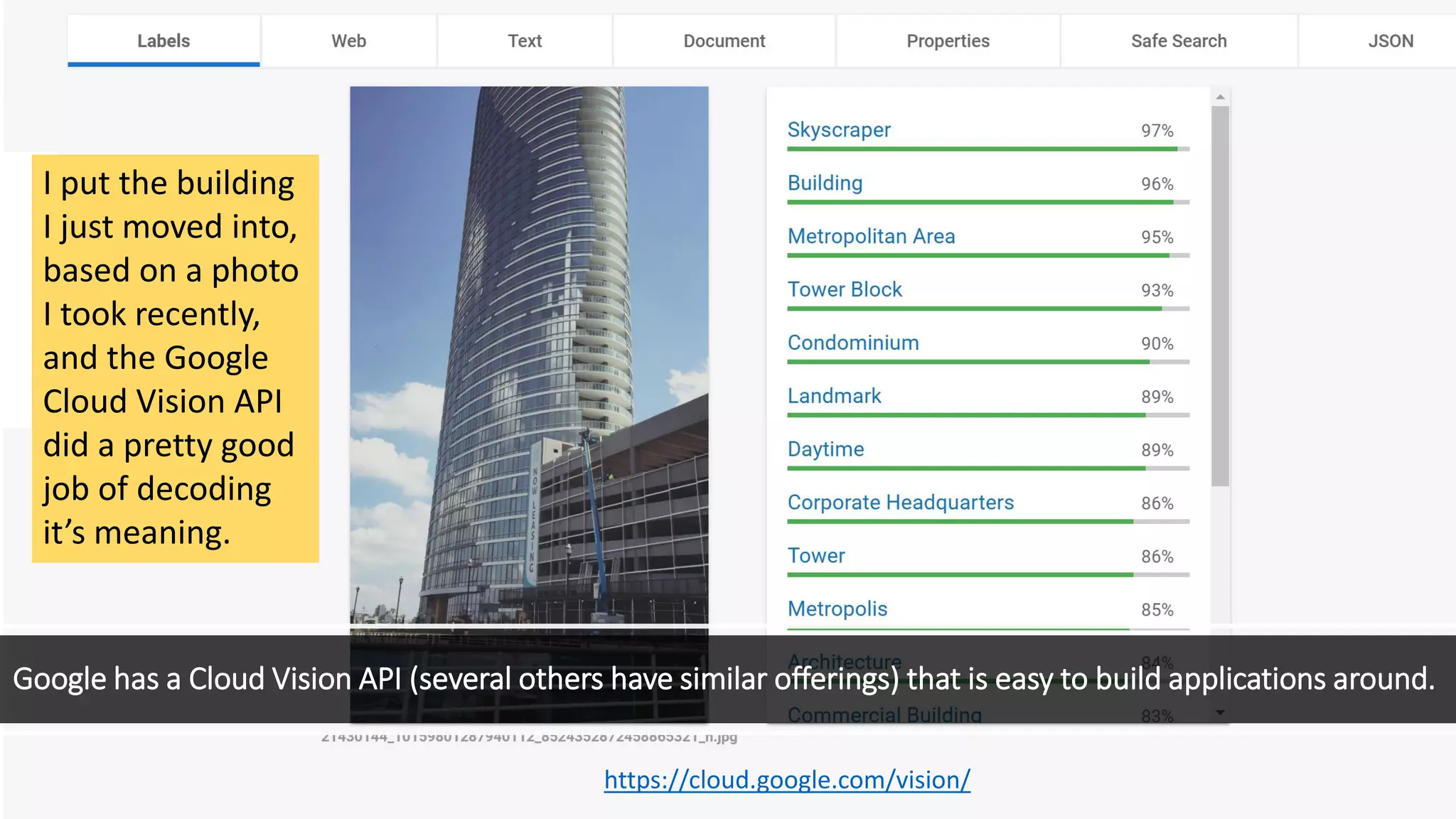 Google has a Cloud Vision API (several others have similar offerings) that is easy to build applications around.
I put the building
I just moved into,
based on a photo
I took recently,
and the Google
Cloud Vision API
did a pretty good
job of decoding
it’s meaning.
https://cloud.google.com/vision/
 
