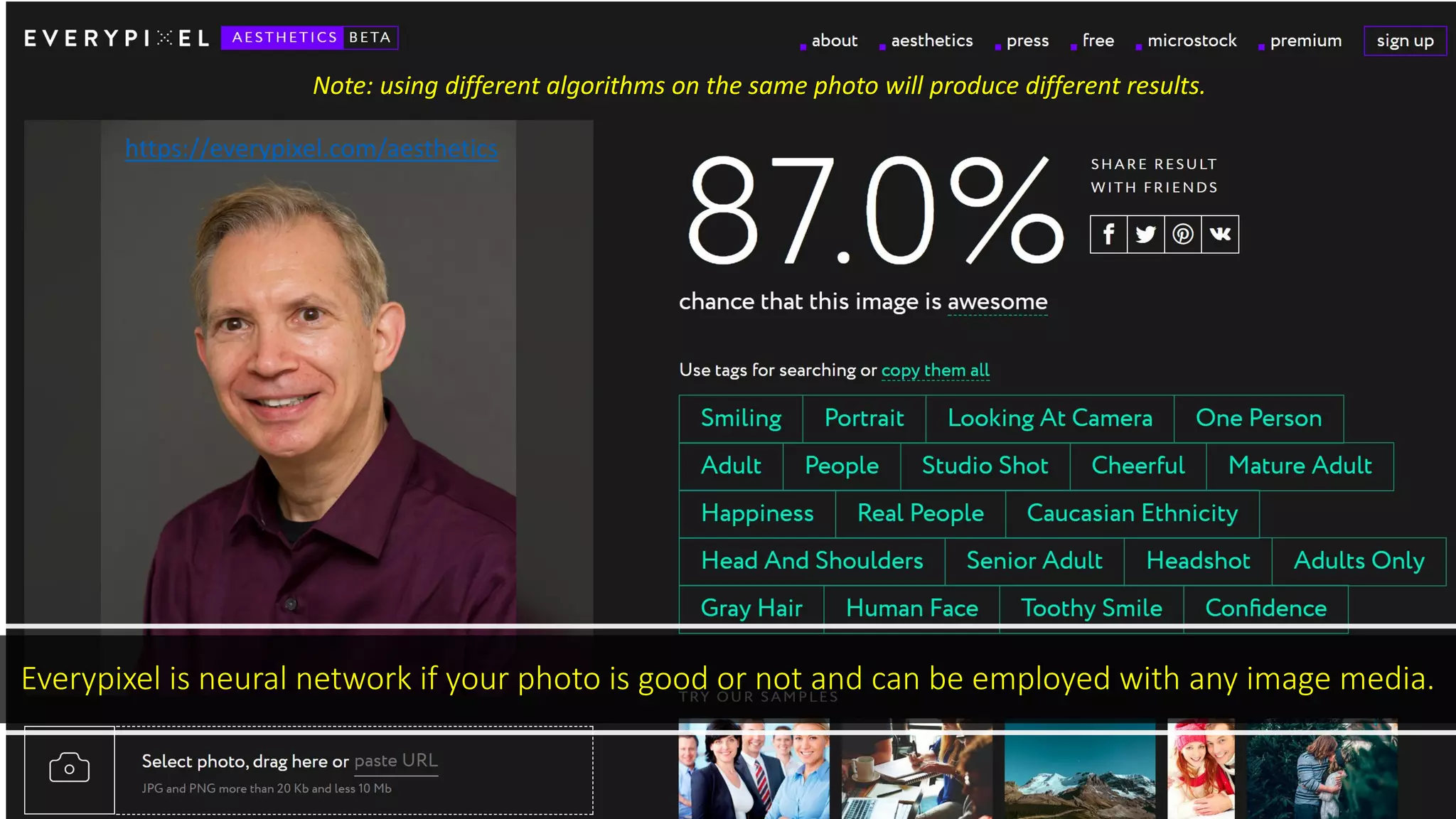Everypixel is neural network if your photo is good or not and can be employed with any image media.
Note: using different algorithms on the same photo will produce different results.
https://everypixel.com/aesthetics
 