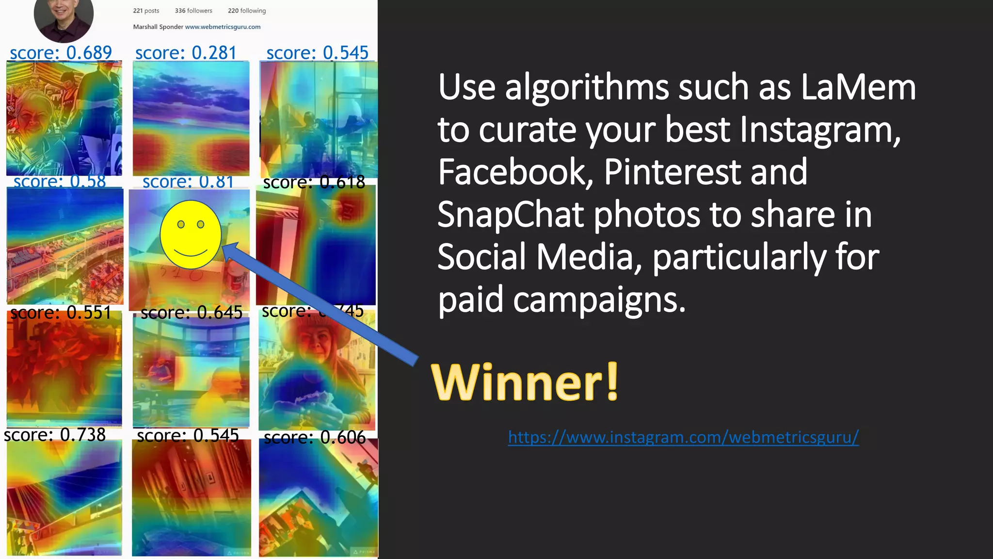 Use algorithms such as LaMem
to curate your best Instagram,
Facebook, Pinterest and
SnapChat photos to share in
Social Media, particularly for
paid campaigns.
https://www.instagram.com/webmetricsguru/
score: 0.689 score: 0.281 score: 0.545
score: 0.58 score: 0.81 score: 0.618
score: 0.551 score: 0.645 score: 0.745
score: 0.738 score: 0.545 score: 0.606
 