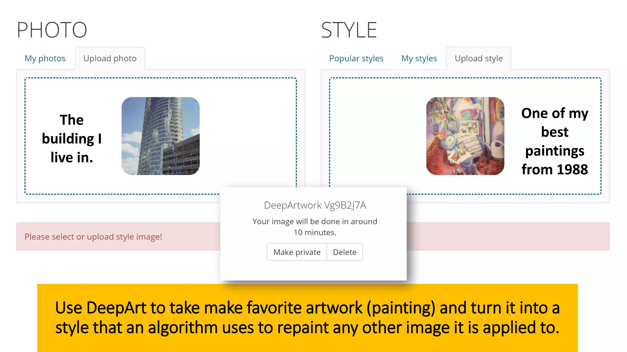 Use DeepArt to take make favorite artwork (painting) and turn it into a
style that an algorithm uses to repaint any other image it is applied to.
One of my
best
paintings
from 1988
The
building I
live in.
 