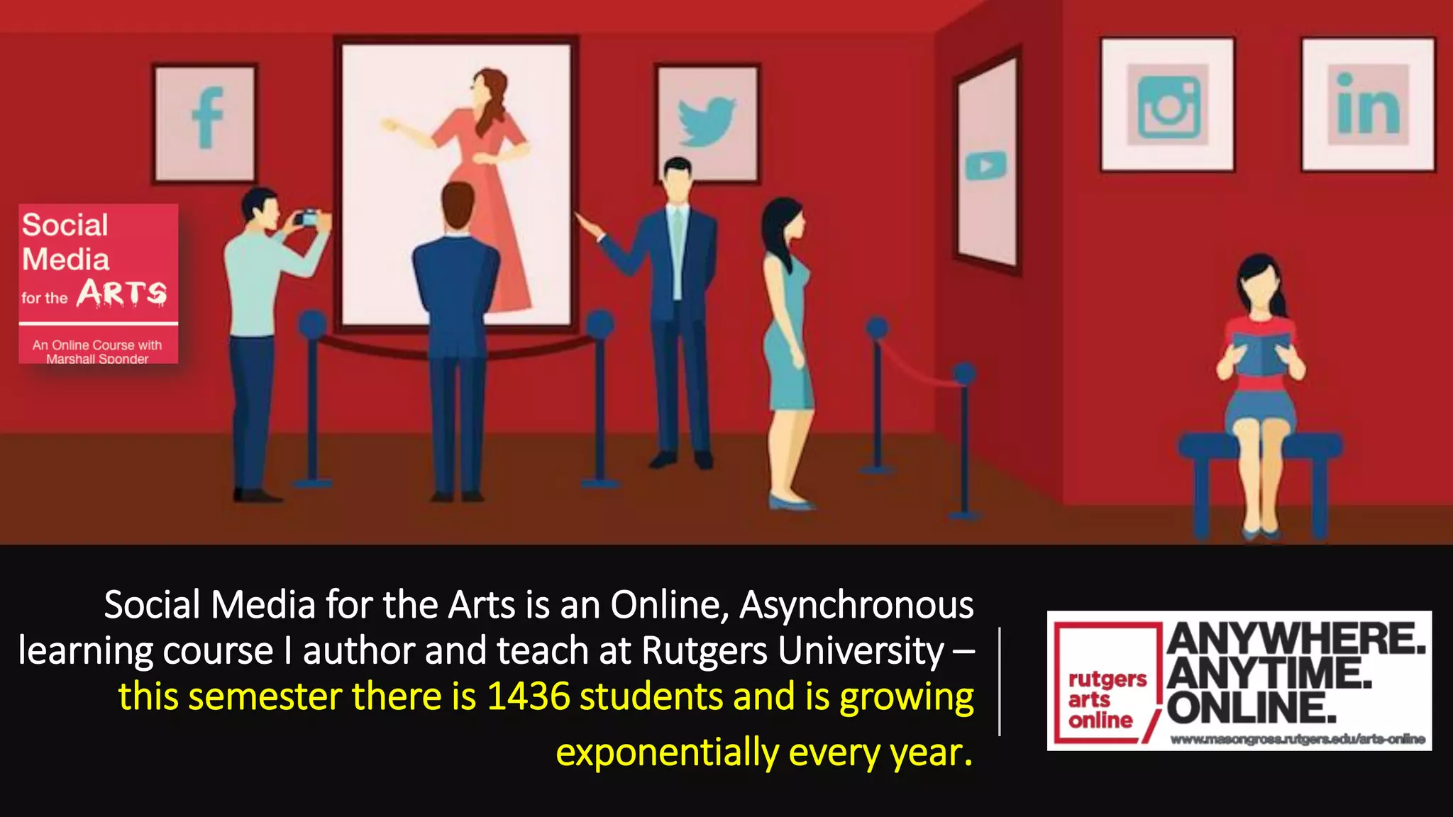 Social Media for the Arts is an Online, Asynchronous
learning course I author and teach at Rutgers University –
this semester there is 1436 students and is growing
exponentially every year.
 