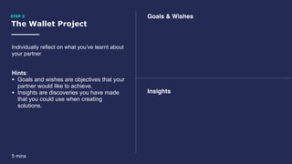 The Wallet Project
STEP 3
Individually reﬂect on what you’ve learnt about
your partner
Hints:
• Goals and wishes are objectives that your
partner would like to achieve.
• Insights are discoveries you have made
that you could use when creating
solutions.
5 mins
Goals & Wishes
Insights
 