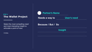 The Wallet Project
STEP 4
Select the most compelling need
and most interesting insight to
articulate a point-of-view.
3 mins
Partner’s Name
Needs a way to User’s need
Because / But / So
Insight
 