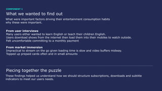 What were important factors driving their entertainment consumption habits
why these were important.
What we wanted to find out
From user interviews
Many users either wanted to learn English or teach their children English.
Users download shows from the internet then load them into their mobiles to watch outside.
Felt uncomfortable committing to a monthly payment
From market immersion
Impractical to stream on the go given loading time is slow and video buffers midway.
Topped up prepaid cards often and in small amounts
These findings helped us understand how we should structure subscriptions, downloads and subtitle
indicators to meet our users needs.
Piecing together the puzzle
COMPONENT 1
 