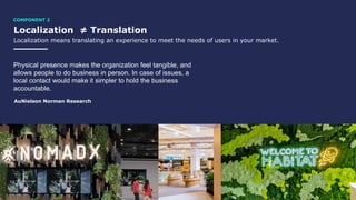 Localization ≠ Translation
Localization means translating an experience to meet the needs of users in your market.
Physical presence makes the organization feel tangible, and
allows people to do business in person. In case of issues, a
local contact would make it simpler to hold the business
accountable.
AuNielson Norman Research
COMPONENT 2
 