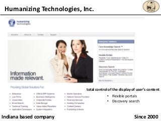 Humanizing Technologies, Inc.
Since 2000
total control of the display of user’s content
Indiana based company
• Flexible p...