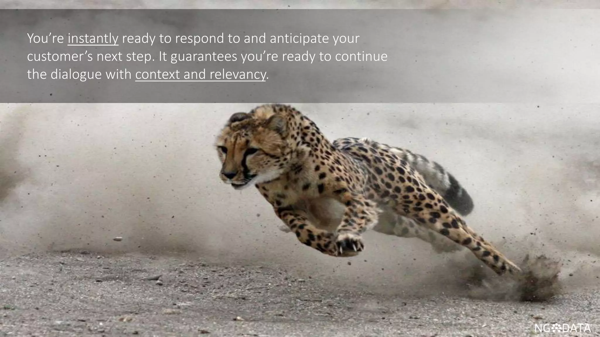 26 Copyright 2017 NGDATA
®, Inc.
You’re instantly ready to respond to and anticipate your
customer’s next step. It guarantees you’re ready to continue
the dialogue with context and relevancy.
 