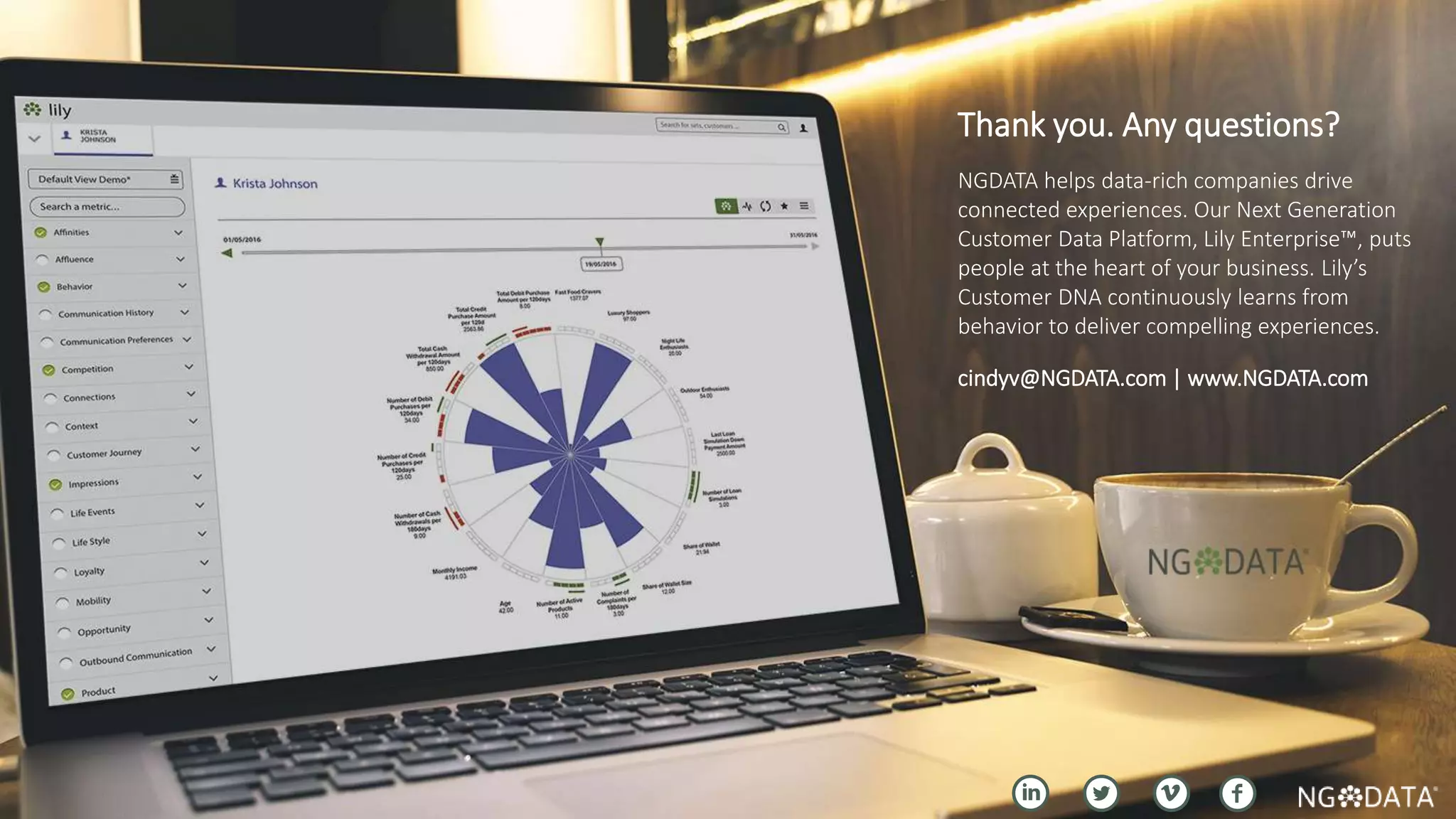 33 Copyright 2017 NGDATA
®, Inc.
Thank you. Any questions?
NGDATA helps data-rich companies drive
connected experiences. Our Next Generation
Customer Data Platform, Lily Enterprise™, puts
people at the heart of your business. Lily’s
Customer DNA continuously learns from
behavior to deliver compelling experiences.
cindyv@NGDATA.com | www.NGDATA.com
 