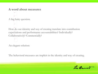 A word about measures A big hairy question. How do our identity and way of creating translate into contribution expectations and performance accountabilities? Individually? Collaboratively? Commercially? An elegant solution: The behavioral measures are implicit in the identity and way of creating.  